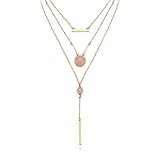 KISSPAT Layered Necklace Bar Charm Chain with Rose Quartz Pendant