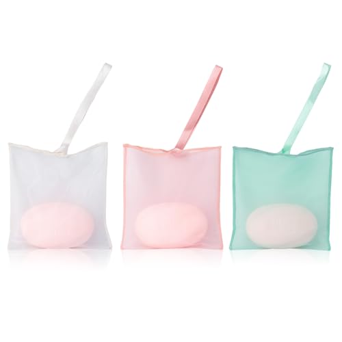 3pcs Bar Soap Saver Bag, Soft Organza Mesh Soap Pouch for Shower, Washing Body, Foamy Lather, Faster Drying &Extending Bar Conditioner Lifespan, Mild Exfoliation- Rose Pink, Mint Green, Creamy