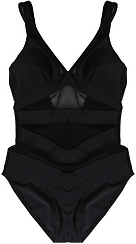 Give Me More Women's European Maillot Designed Push Up Padding Deep V Halter Open Back Mesh One-Piece Swimsuit 16043 (Large, Black)