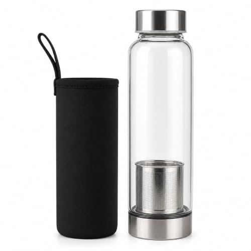 Garrafa de Vidro com Infusor e Capa Neopreme 550ml Preto – Ideal para Chá, Água Saborizada e Bebidas Naturais