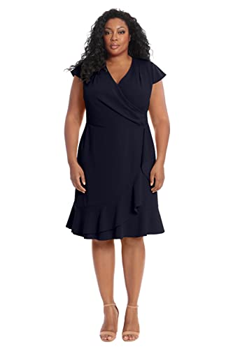 London Times Women’s Size Feminine Ageless Surplice V-Neck Faux Wrap Ruffle Dress Office Event Shower Guest of, Twilight Navy, 20 Plus