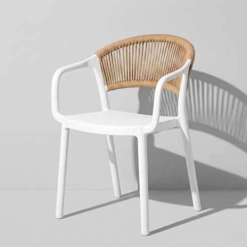 MARCOLO Chair with Arms, Outdoor Plastic Dining Armchair, Weather & UV Resistant Patio Chair for Balcony, Garden, Kitchen & Indoor Outdoor Use, Modern Rope-Style Design, 41x53.5x82cm (White)