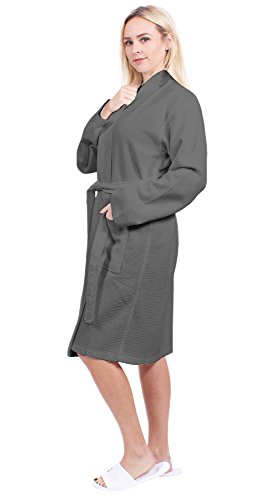 Turkuoise Women's Long Waffle Robe, 100% Cotton Kimono Bathrobe Made In Turkey, Diamond Pattern (Ant, Small/Medium)