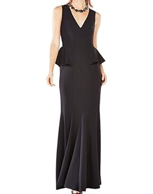 BCBG Max Azria Women's Peplum V-Neck Gown Dress Black 4