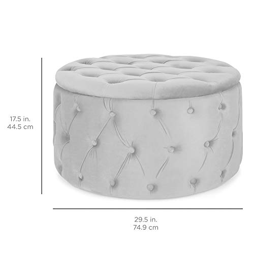 Best Choice Products 29.5in Round Modern Button-Tufted Velvet Ottoman Footrest Stool Accent Furniture, Coffee Side Table for Living Room, Bedroom w/Wood and Foam Frame - Light Gray