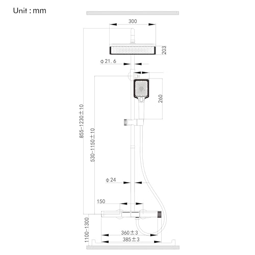 HOMELODY Shower System with Thermostat and Glass Shelf Black - 30 x 20 cm Large Shower Head Rain Shower and 3 Jet Types Hand Shower, 2 Piano Knobs Shower Fitting Complete Set Shower Set with Rain Shower