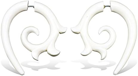 Fake Gauge Earrings Hand Carved Bone Dragon Tattoo Curls