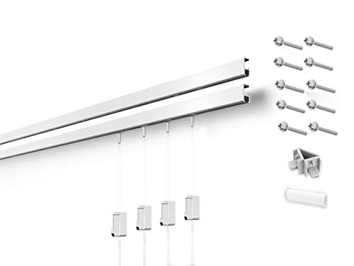 4 Hanging Components STAS Minirail Picture Hanging System- Complete Kit (4 Hooks and Cords 2 Rails 59", White) - Thumbnail 2
