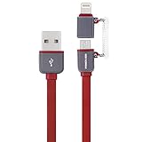 Poweradd Apple MFi Certified 8 Pin Lightning to USB Cable with Micro USB Connector Charge and Sync for iPhone, iPad, Samsung and Android 3.3ft - Red