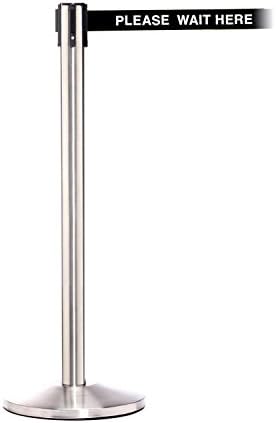 ComeAlong Industries Crowd Control Matte Stainless Pole with 11' Heavy Duty White/Black Belt, "Please Wait Here" Message (Pack of 2 Poles)