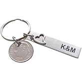 Custom Engraved Aluminum Tag with Heart Charm Layered Over and Dime Anniversary Keychain, Couples Keychain