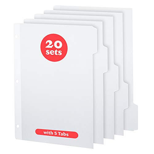 3 Ring Binder Dividers with Tabs (20 Sets) x 5 Tab Dividers for 3