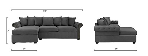 Modern Large Tufted Velvet Sectional Sofa, Scroll Arm L-Shape Couch (Dark Grey) - Thumbnail 4