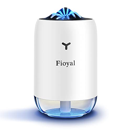 Portable Mini Humidifier, Fioyal Small Car Humidifiers with Essential Oil Diffuser Pads, Cool Mist Humidifiers for Bedroom, Baby, Plant, 7 Colors Night Light, 2 Mist Modes, Auto Shut Off, Quiet(White)