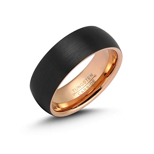 LerchPhi - Anillo de carburo de tungsteno negro de 8 mm para hombre, cepillado en el exterior, en oro rosa pulido en el interior, ajuste cómodo, grabado personalizado gratuito compatible