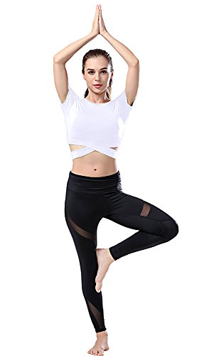 Campeak 2 Pack Women's Yoga Gym Crop Top Compression Workout Athletic Short Sleeve Tank T Shirt (White and Black, M = Tab L)