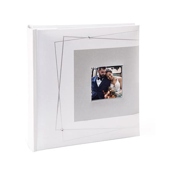 Kusso White Wedding Photo Album Luxury Pearl White with Silver Geometric Design and Crystals 6x4 inch / 10x15cm Personalise with Photo Window Harmony Celebration Series
