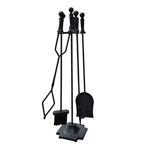 5 Pieces Wrought Iron Fireplace Tools Set Firepit Fireset with Handles, with Poker, Tongs, Shovel, Brush, Sturdy Center Stand - Thumbnail 7