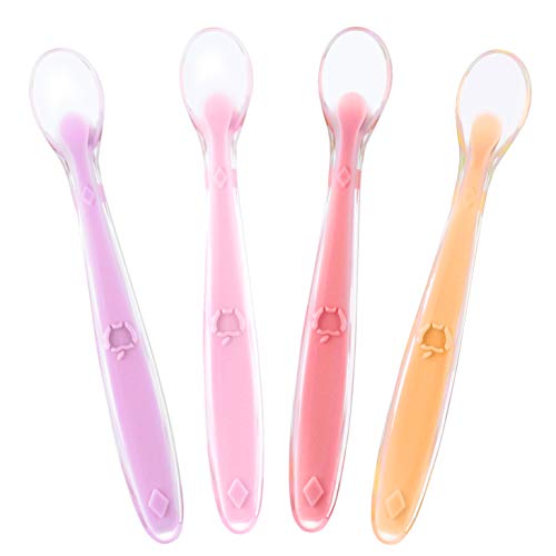 Best First Stage Baby Girls Spoons BPA Free, 4-Pack, Soft Silicone Baby Spoons Training Spoon Gift Set for Infant (Girls Set)