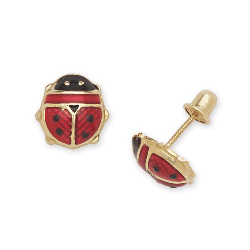 14k Yellow Gold Enamel Lady-Bug Screw-Back Stud Earrings - JewelryWeb