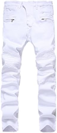 Men's White Biker Moto Skinny Ripped Straight Distressed Slim Fit Denim Jeans 29