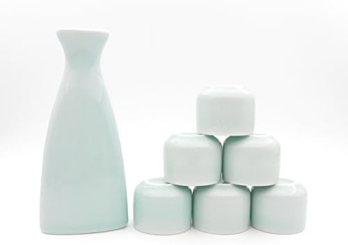 Ashbur Craftmanship 7 Piece Japanese Celadon Glazed Ceramic Sake Set, Triangular Pyramid Style (Light Blue)