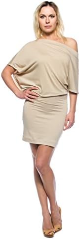 Women's Beige Blouson Off Cold Shoulder Asymmetric Boat Bateau Neck Mini Dress (Large)
