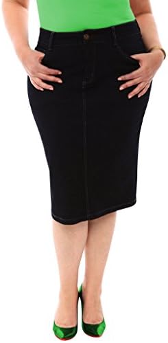 360 Stretch Mid Rise Plus Size Knee Length Pencil Skirt in Black Onyx