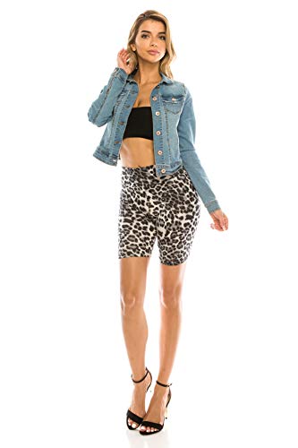 CNC STYLE B003 Women's Knee Length Stretch High Waist Leopard Print Active Bike Yoga Short Leggings, Medium