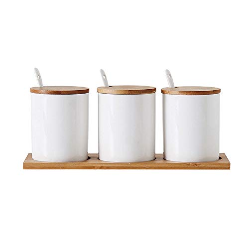 VanEnjoy Ceramic Round Sugar Spice Containers Porcelain Jar with Bamboo Lids, Tray and Spoons Round Condiment Set of 3 - Thumbnail 5