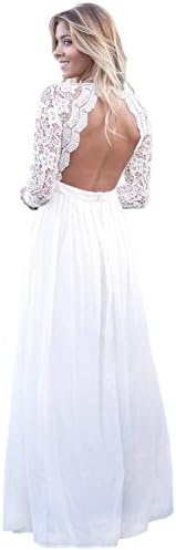 Women's White Backless Open Back Long Sleeve V Neck Lace Crochet Maxi Party Dress Evening Formal Gown Dresses