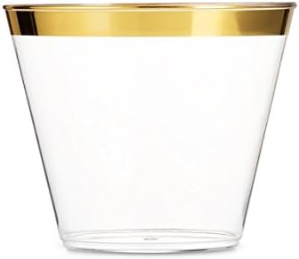 100 Pack of 9oz Crystal Clear Gold Plastic Cups ~ High Quality Fancy Tumblers are Great for Parties, Weddings, Occasions. Bulk 100 Pack offers Great Value and Disposable Convenience