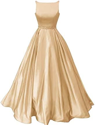Staypretty Prom Dresses Long Satin Beaded A-line Formal Dress for Women with Pockets 2019