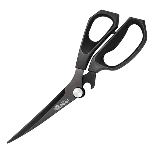MITSUMOTO SAKARI Japanese Kitchen Scissors, Long Barbecue Scissors | Korean Barbecue Scissors, Offset Kitchen Scissors, Black Multifunctional Kitchen Scissors, Non-Slip Handle