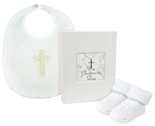 Stephan Baby Inspirational Keepsake Mini Photo Album, Cross Bib and Bootie Socks Gift Set, My Christening Day, 0-6 Months