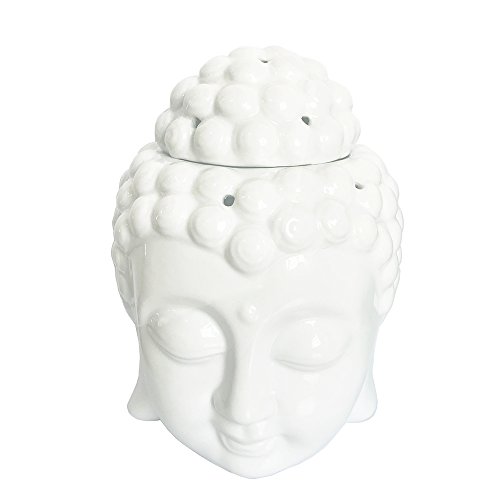 Moylor White Ceramic Buddha Head Essential Oil Burner and Tea Light Candle Holder for Amora, Spa, Yoga, Meditation, Zen