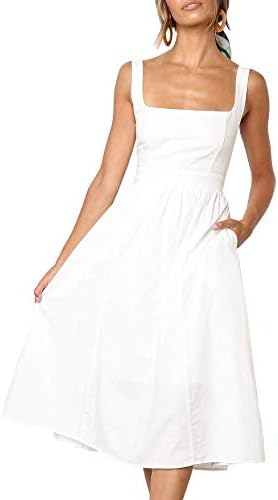 Lantch Women Dress Summer Beach Sling Casual Sleeveless Vintage Midi Dresses with Zipper
