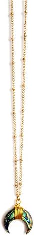 WORTHTRYIT Crescent Necklaces Pendant / Ivory Double Horn Moon Pendant Necklace (Abalone Pendant-Beaded-Light Rose Gold)