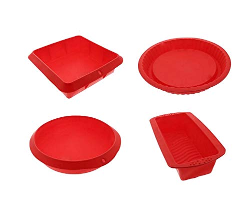 SmartKitch 5 Piece Silicone Bakeware Set - Nonstick Silicone Bakeware Set with Round and Square Pans, Pie Pan, Loaf Pan, Spatulas - Red, Sizes: 10.5", 9.5", 10"