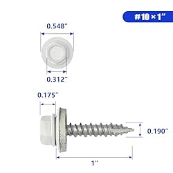 #10 x 1 Inch Metal Roofing Screws, White Hex Head
