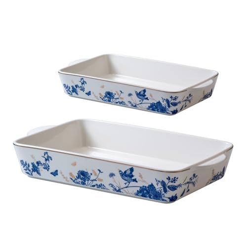 Baking Pans Set of 2 Blue flower 14 inch Ceramic for Oven Large Casserole Baking Dish Set with Handles Porcelain Bakeware Sets Casserole Dish for Oven/Cooking/Kitchen/Cake Dinner
