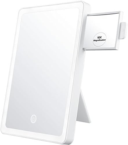 Jerrybox Full-Frame LED Makeup Mirror with Pull-Out 10x Magnifying Lighted Mirror, 180° Horizontal and Vertical Rotation, Dimmable, Foldable
