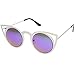 zeroUV Womens Fashion Round Metal Cut-Out Flash Mirror Lens Cat Eye Sunglasses (Silver/Green Blue Mirror)