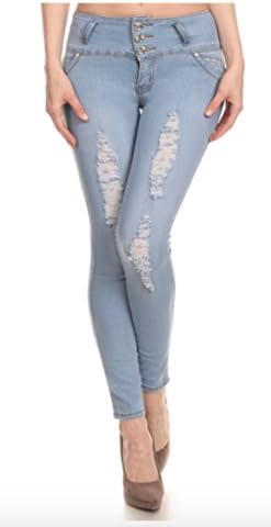Cello Jeans Baby Blue Butt Lifting Skinny Jeans With Embellished Back Pockets & Ripped Detailing