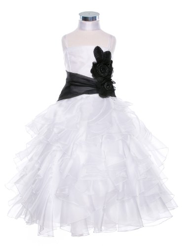 Ruffled Pageant Party Holiday Flower Girl Long Dress - White-Black Sash 2
