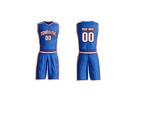 Personalized 2 Piece Set Basketball Jersey Sportswear Team Uniforms. Custom Name/Number on Front & Back(V Neck) (Blue) - Thumbnail 3