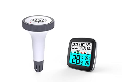 WS9059 Draadloze zwembadthermometer, zwembadsensor, zwembadthermometer, met digitaal basisstation voor het aflezen van gegevens, binnentemperatuur, watertemperatuur, luchtvochtigheid, voor zwembad,
