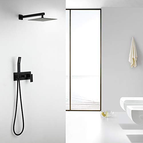 RBROHANT Solid Brass Matte Black Shower System, High Pressure Rainfall Shower Fixtures Complete Faucets Sets, 10 Inch Black Shower Head Combo Luxury Rain Mixer (Valve include)(Classy) - Thumbnail 2