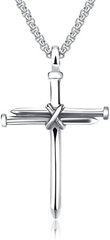 TENGYI Men's Stainless Steel Nail Cross Charm Pendant Necklace Polished Gold Silver Black 22 Inch