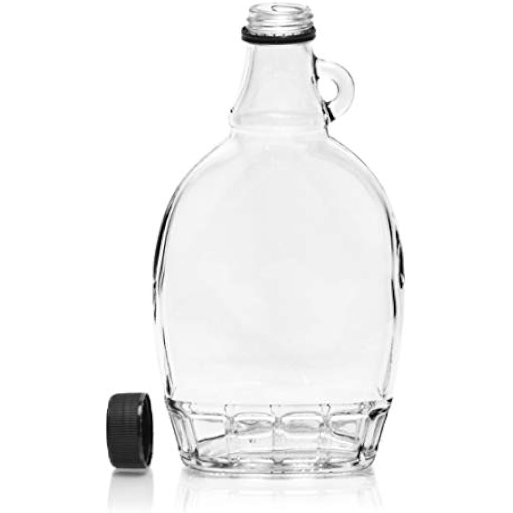 12 Ounce Glass Maple Syrup Bottles Loop Handle & Black Plastic Tamper
